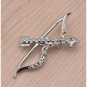 Aurora Borealis AB Rhinestone Bow and Arrow Silver Tone Vintage Brooch Pin